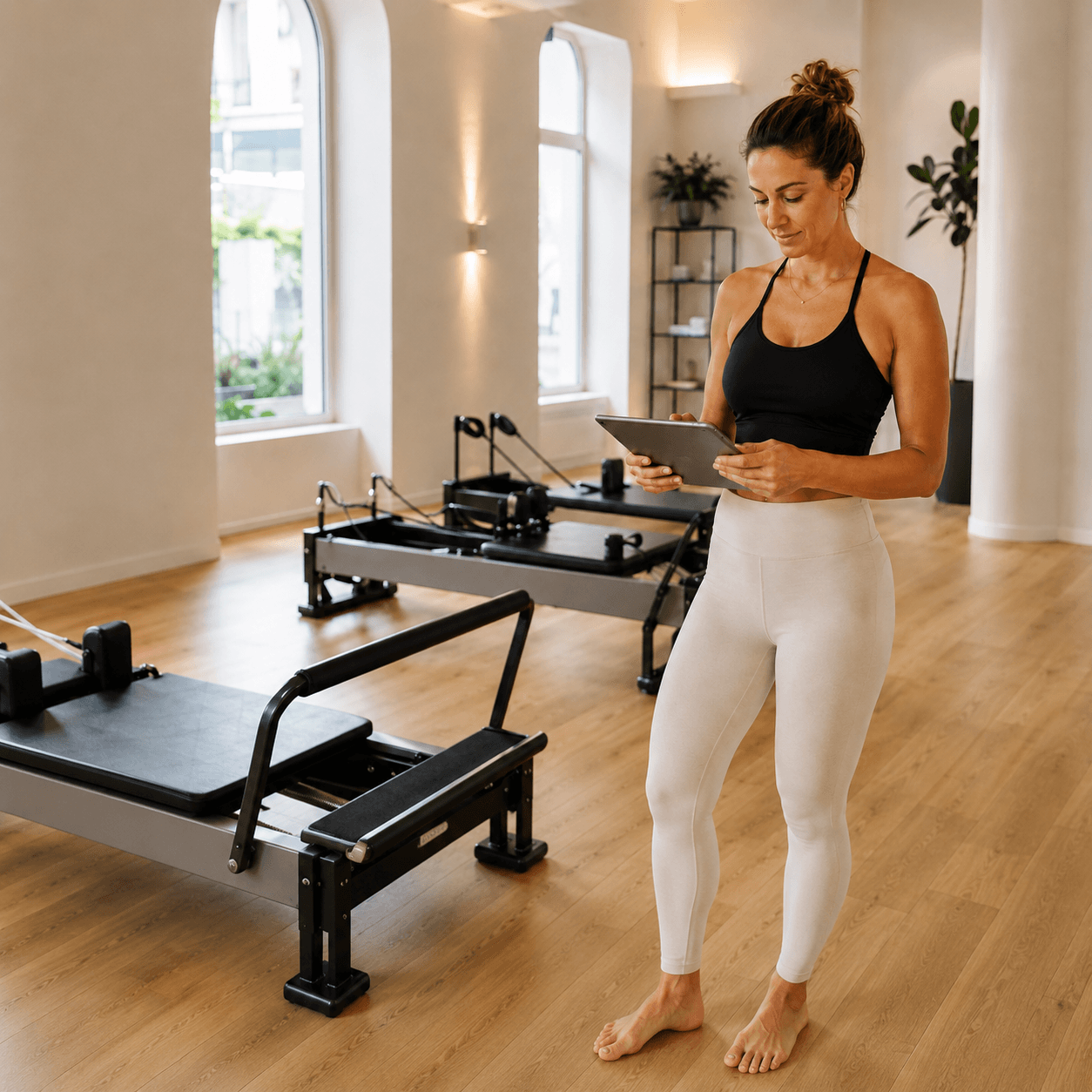 Studiobetreiberin verwaltet ihr Reformer-Pilates-Studio mit einem Tablet